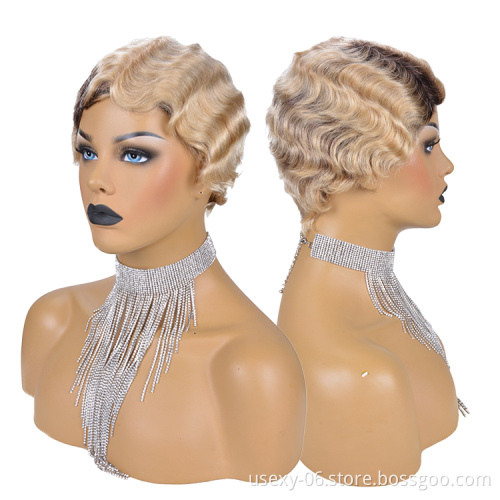 Virgin Human Hair Short Pixie Cut Wig 1920's Flapper Hairstyles Short Finger Wave Retro Style Wig for Women